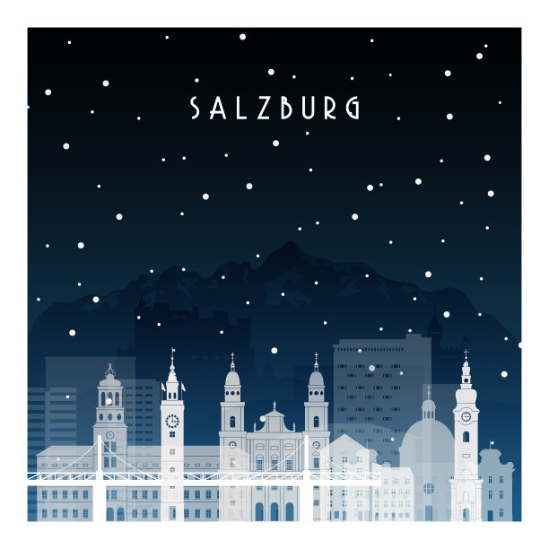 萨尔茨堡冬夜城扁平化风格图片下载