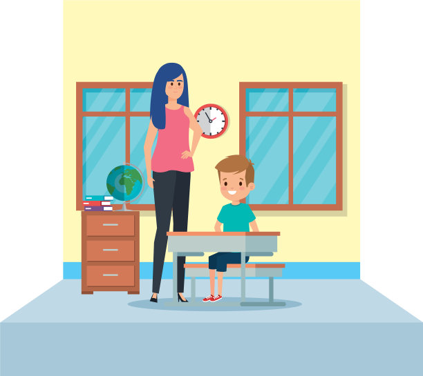 女老师和男生坐在课桌上图片下载