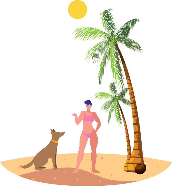 年轻的女人和狗在海滩夏天的场景图片下载
