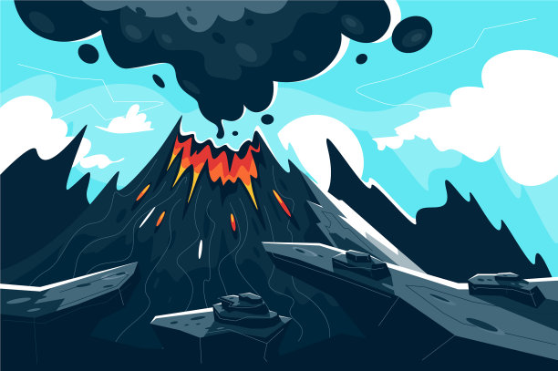 平坦的火山爆发着红色的火焰和烟雾图片下载