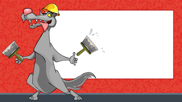 卡通滑稽的狼工人与铲子上图片下载