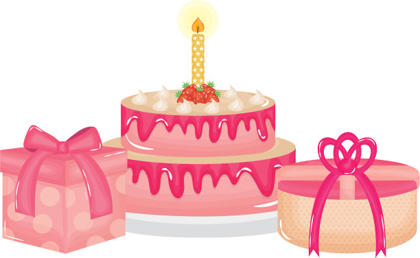 美味的甜蛋糕，蜡烛和礼物图片下载