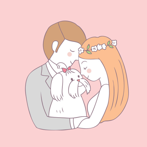 卡通可爱的新娘亲吻新郎和狗图片下载