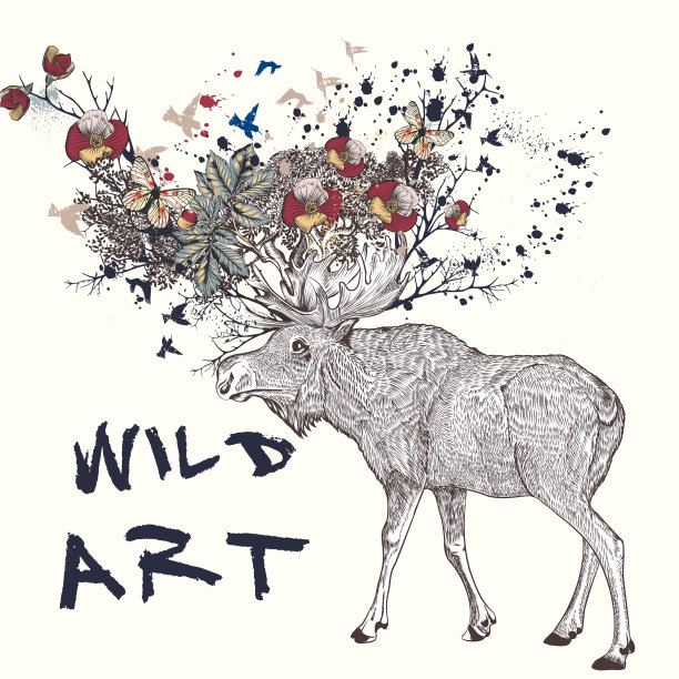 手绘麋鹿花在它的角图片下载