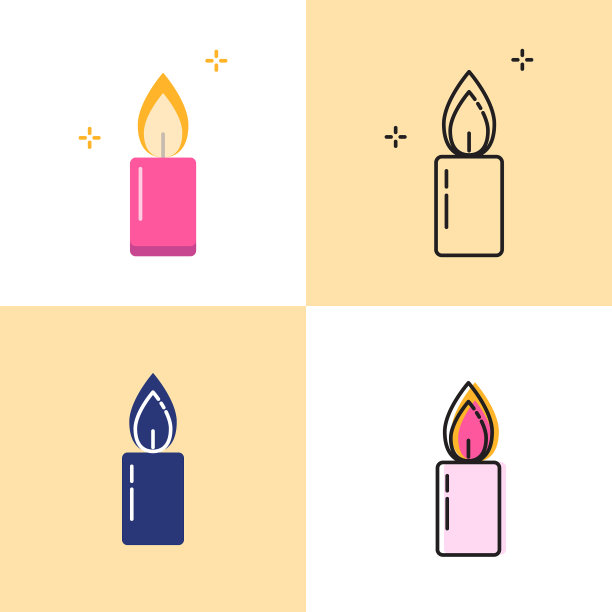 闪亮的蜡烛图标设置在平坦和线条风格图片下载