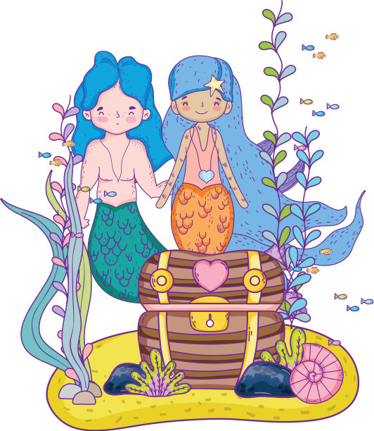 一对美人鱼和海底的宝箱图片下载