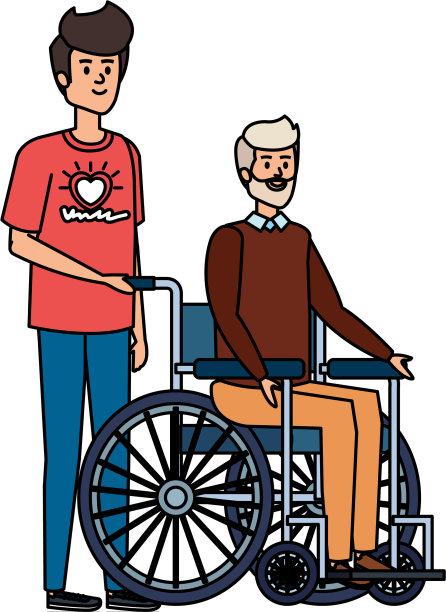 年轻人自愿和坐轮椅的老人在一起图片下载