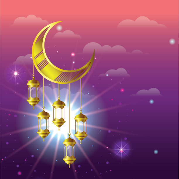 斋月卡里姆金色的灯挂在月亮上图片下载