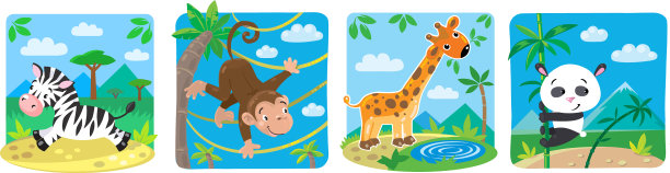 有趣的动物设置长颈鹿，熊猫，猴子和斑马图片下载