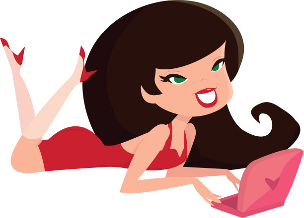 卡通复古海报女郎与笔记本电脑图片下载