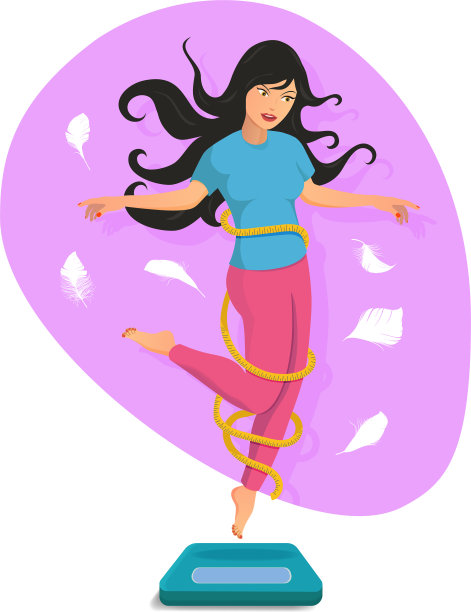 美丽的女孩跳上秤，微笑着图片下载