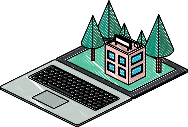 电脑笔记本电脑和建筑场景等距图标图片下载