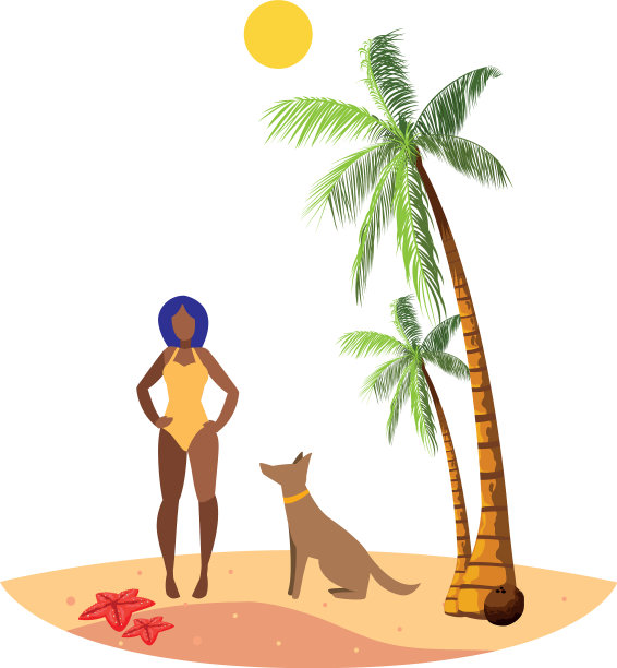 年轻的女人和狗在海滩夏天的场景图片下载