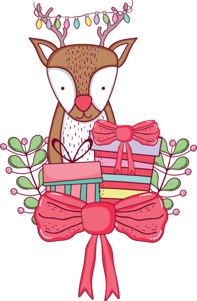 可爱的圣诞驯鹿，带着花环和礼物图片下载