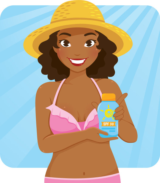 皮肤黝黑的女孩拿着防晒霜图片下载