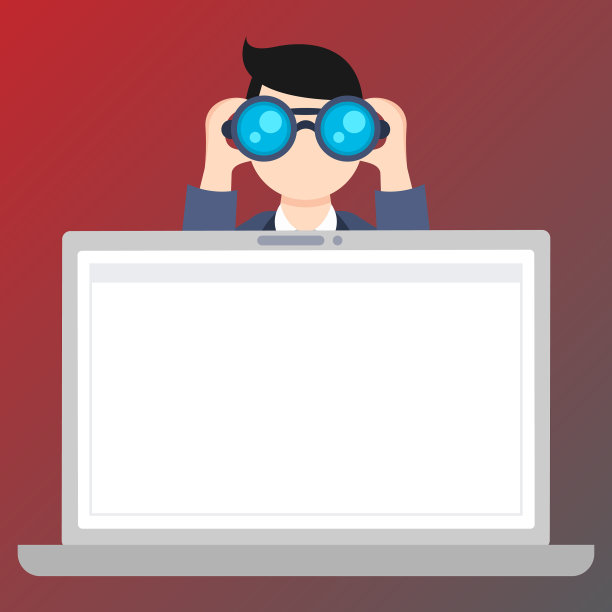 带双筒望远镜的人面前的空白笔记本电脑屏幕图片下载