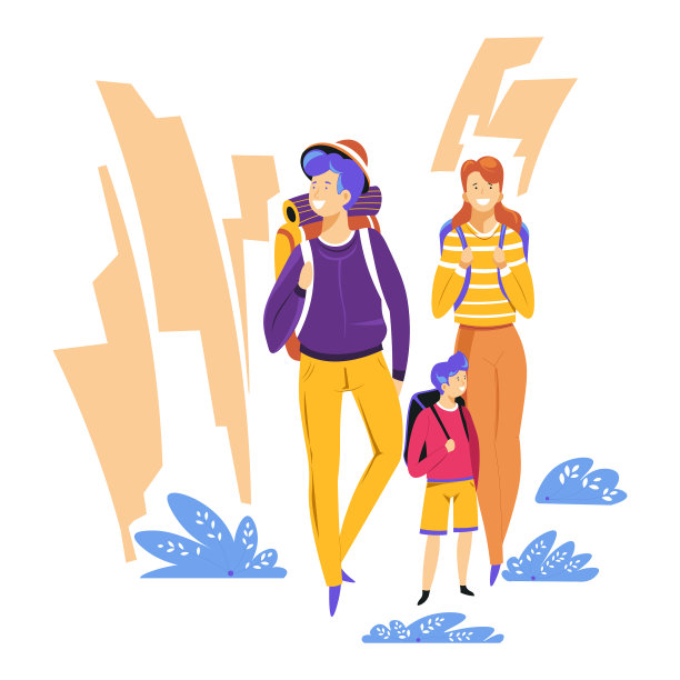 旅游徒步家庭与背包在山上图片下载