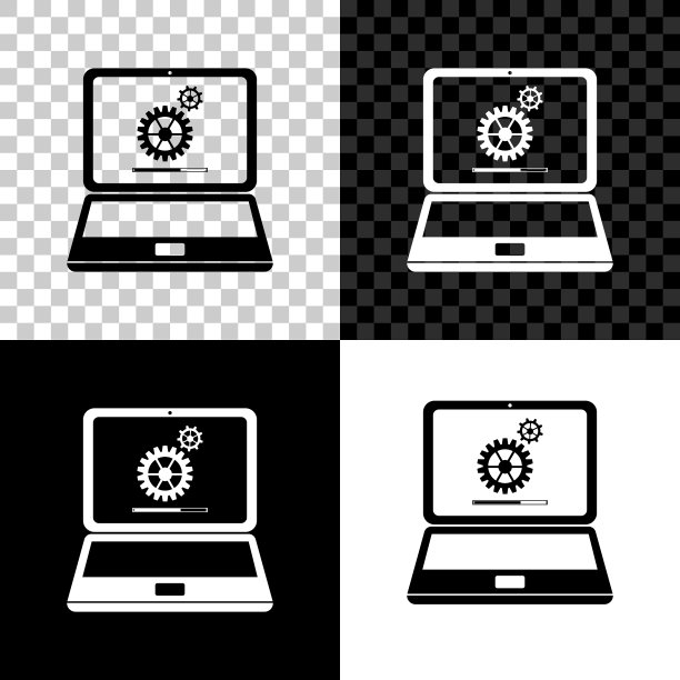 笔记本电脑和齿轮图标隔离黑白和图片下载