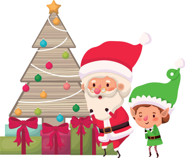 圣诞老人和小精灵带着圣诞树和礼物图片下载