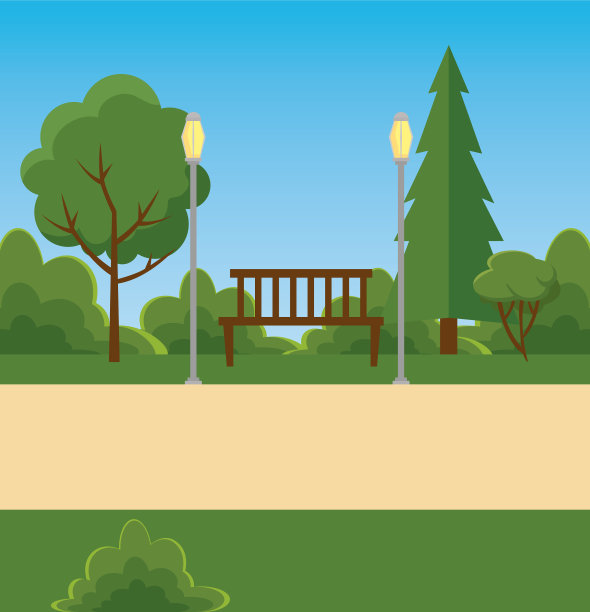 公园里有椅子和树木，灌木和灯图片下载