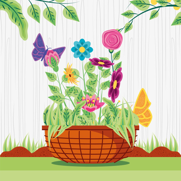 盆花，有蝴蝶和叶子图片下载