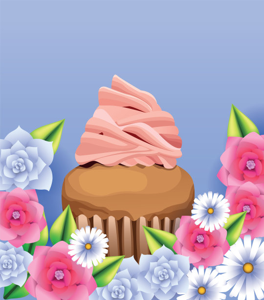 美味的纸杯蛋糕和鲜花卡片图片下载