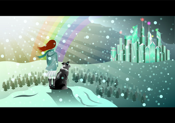 女孩和狗在岸上的后视镜图片下载