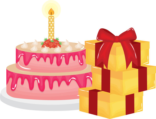 美味的甜蛋糕，蜡烛和礼物图片下载