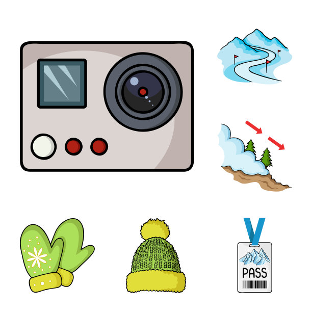 滑雪场和设备卡通图标设置图片下载