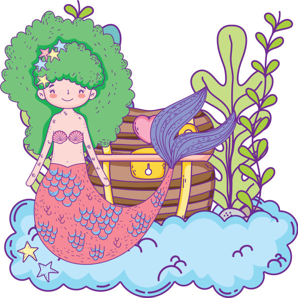 可爱的美人鱼与海底宝箱图片下载