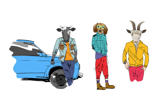 戴着动物头的不同时装模特图片下载