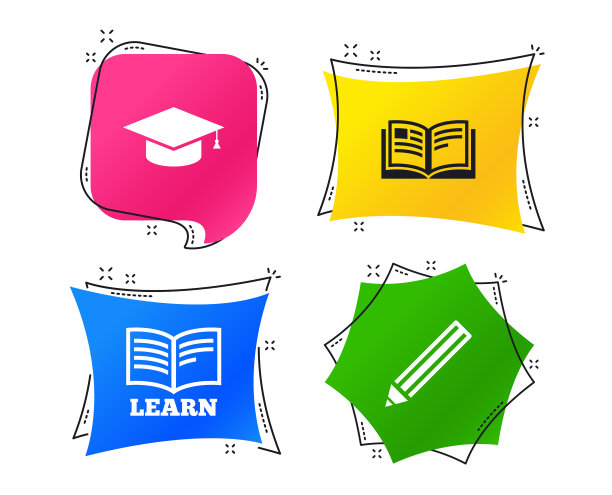 铅笔和打开的书标志毕业帽图标图片下载