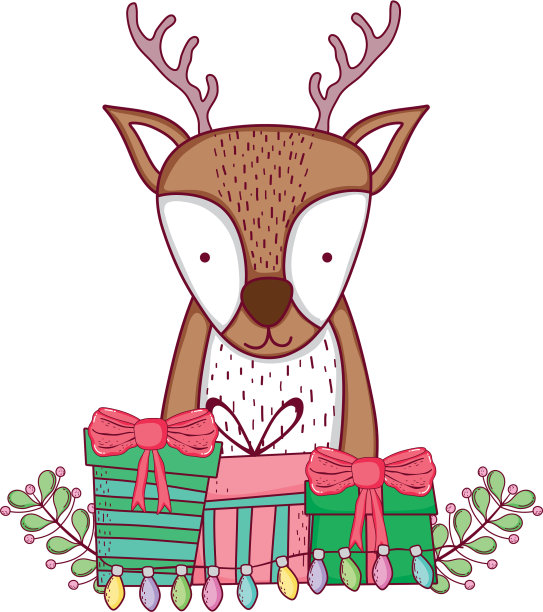 可爱的圣诞驯鹿，带着花环和礼物图片下载