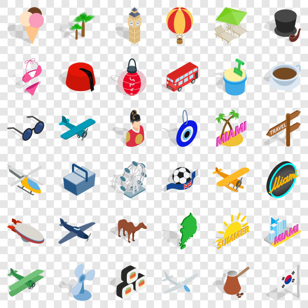 海滩图标设置等距风格图片下载