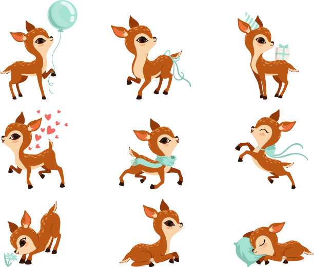 平设可爱的小鹿在不同的行动图片下载