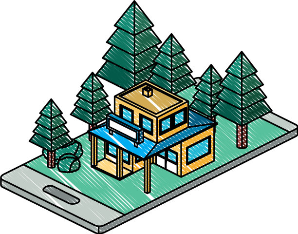 智能手机与营地和建筑等距图片下载