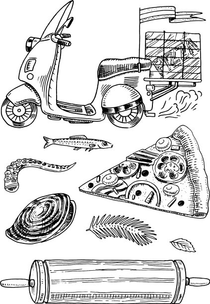 一套披萨外卖和配料烹饪图片下载