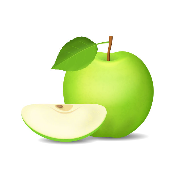 逼真的细节3d整个绿苹果和切片图片下载