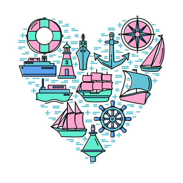 海上冒险概念旗帜与船舶图标在图片下载