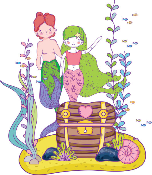 一对美人鱼和海底的宝箱图片下载