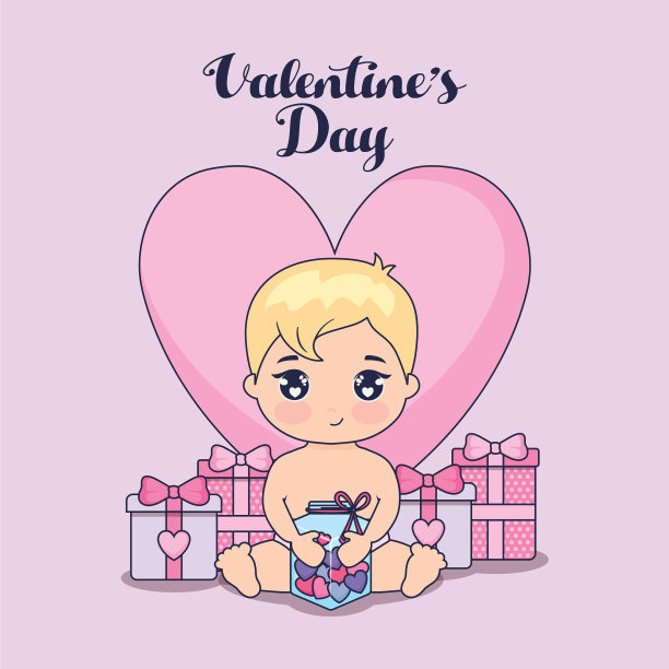 情人节卡片与丘比特和设置图标图片下载