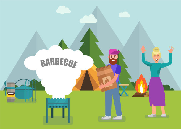 快乐家庭烧烤用现代化设备旗帜图片下载