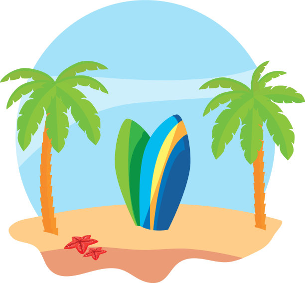 夏日海滩与棕榈树和冲浪板的场景图片下载