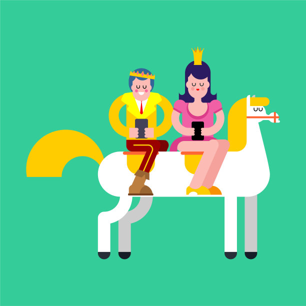 王子和公主骑着白马和智能手机图片下载