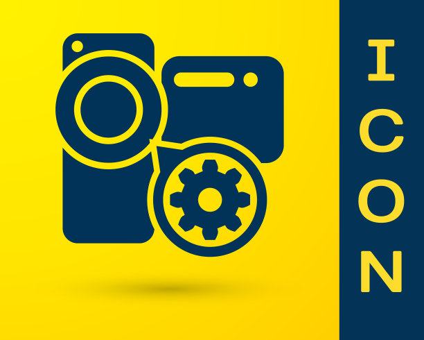 蓝色摄像机和齿轮图标隔离在黄色上图片下载