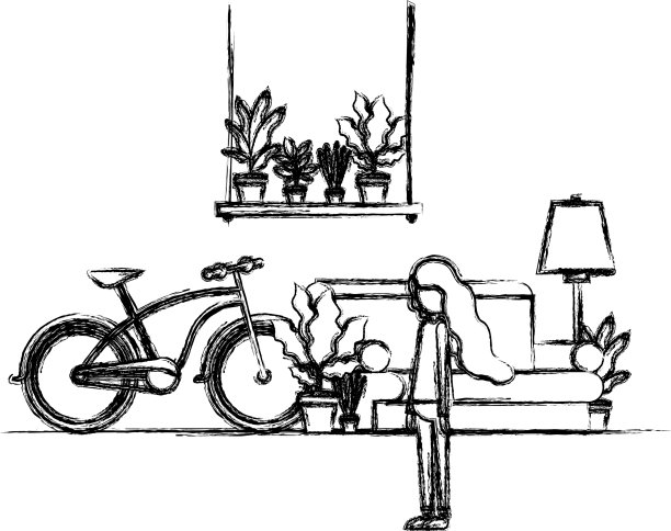 客厅里种着室内植物的女人图片下载