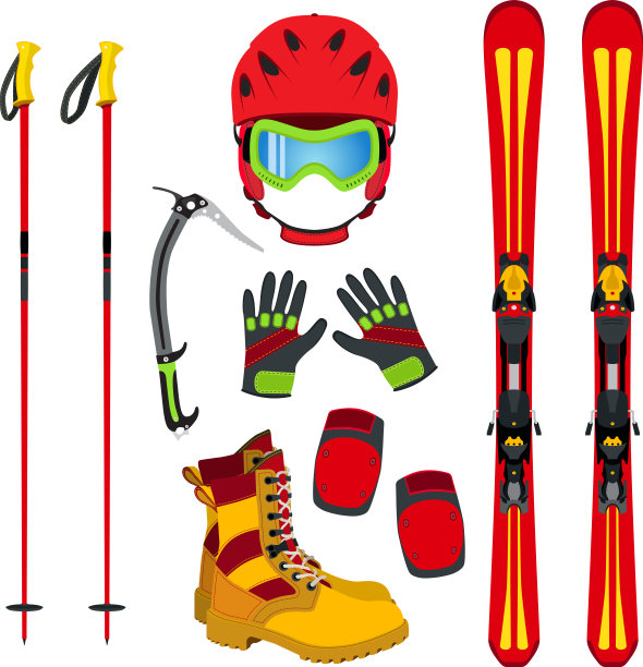 头盔手套，滑雪靴，垫冰镐在平图片下载