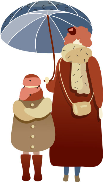 女人和小孩站在蓝伞下图片下载