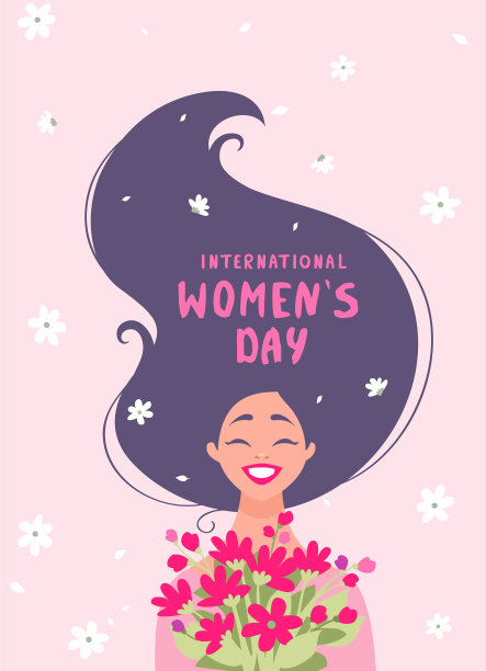 带着长头发和鲜花的红色快乐女孩图片下载