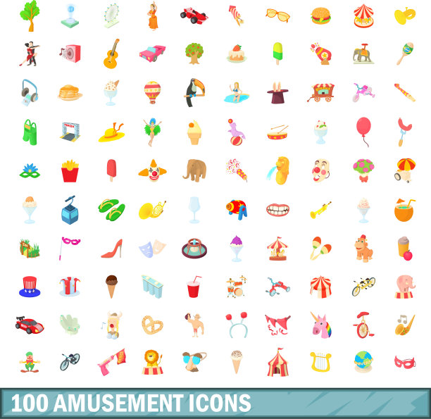 100个娱乐图标设置卡通风格图片下载